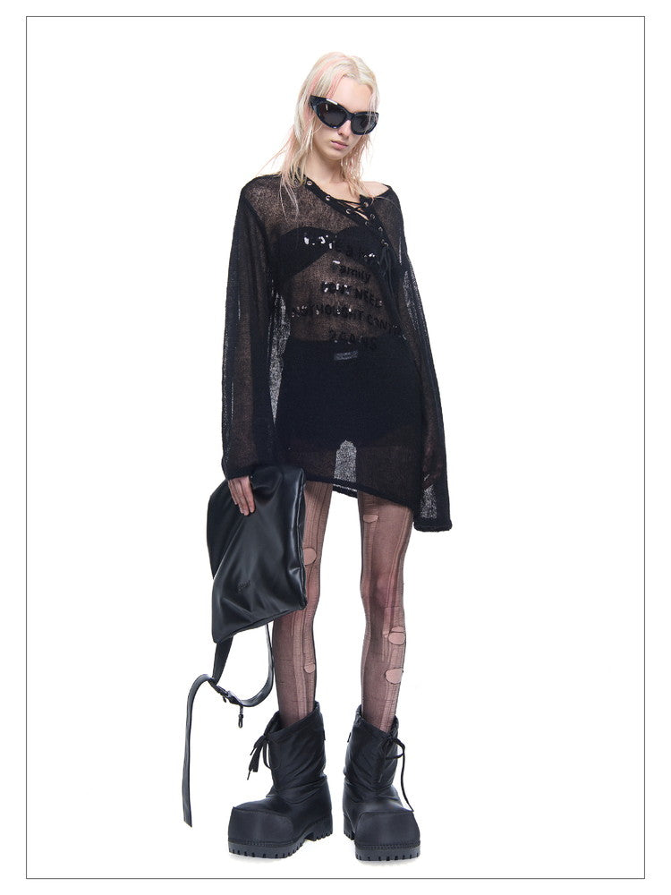 Mesh See-Through Asymmetry Lace-Up Oversize Tops