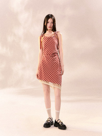 Checked Girly Asymmetry Lace Shoulder-Ribbon Dress