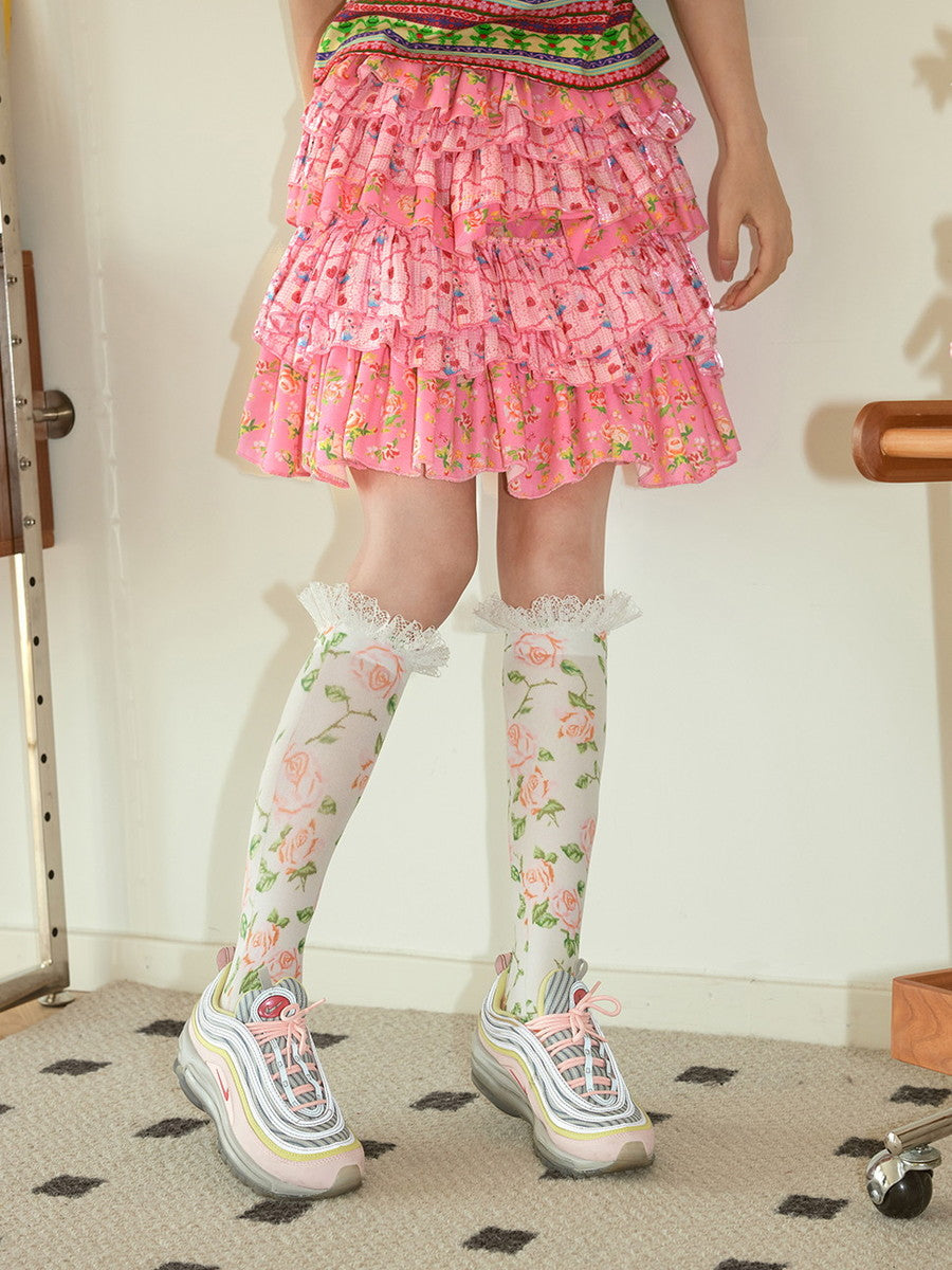 Tiered Drill Vivid Cute Flower Heart Short Fancy Skirt