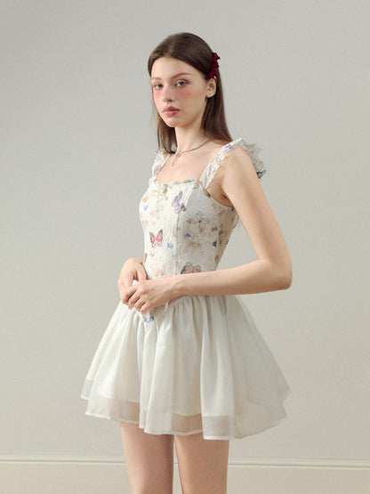 Embroidery Butterfly Lace Ribbon Ciffon Ceminine Fluffily Short Dress