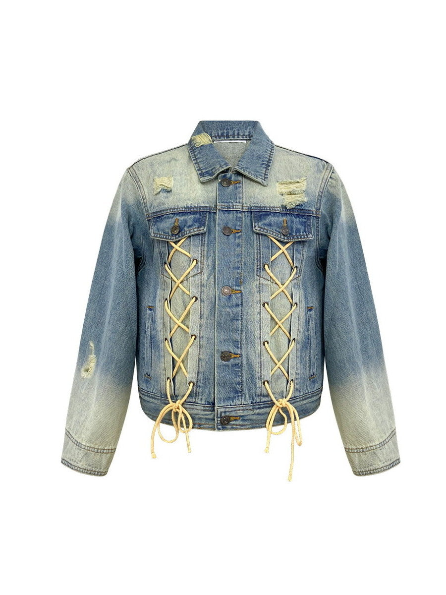 Gewaschener Schnür-up Nichi Vintage Casual Denim-Jacket