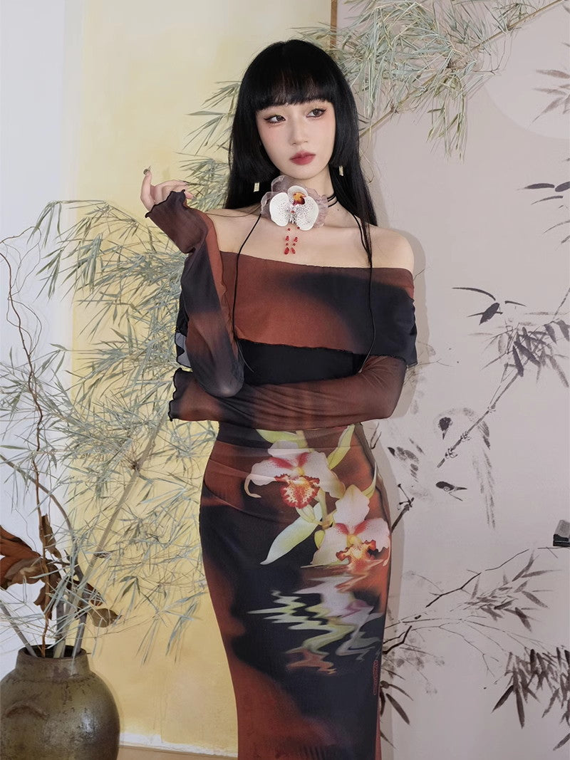 Off-Shoulder Flower Gradation Mellow Tight Retro Long-One-Piece