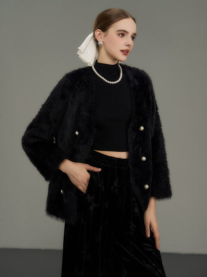 Pearl-Button Luxury Thick Simple Chic Fur-Jacket