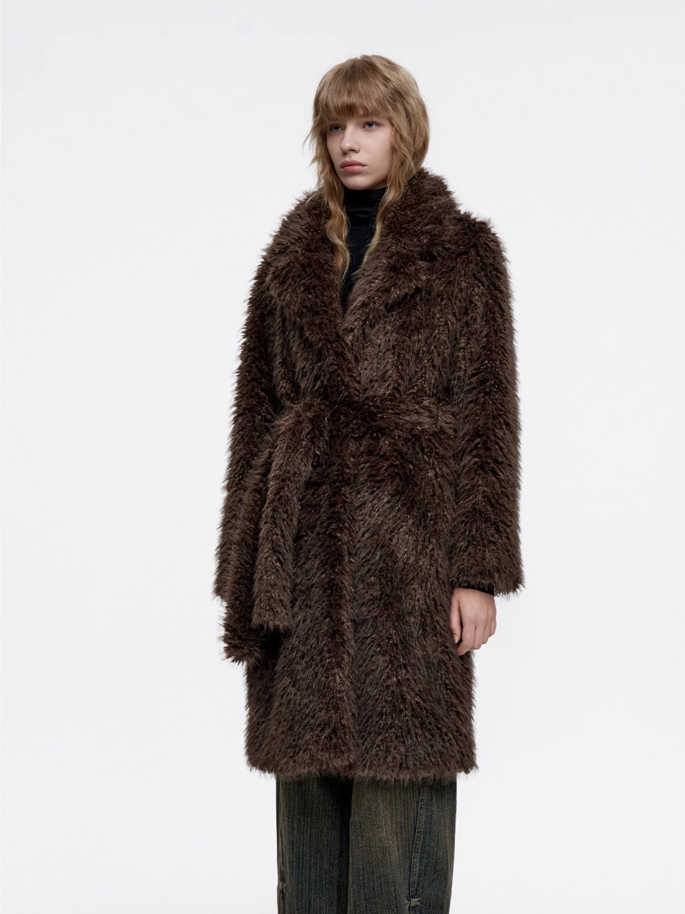 Long Fluffily Retro Plain High-End Plain Boa-Coat