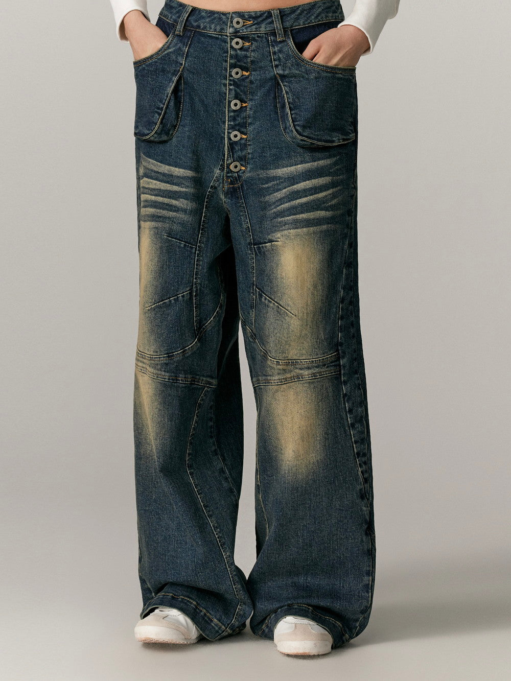 Denim Beard Washed Straight High-Waist Pants