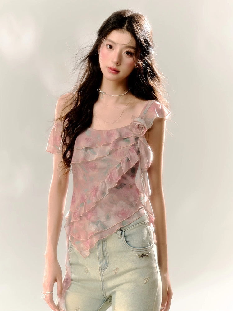 Asymmetry Ciffon Frill Flower Rose Drape Tops