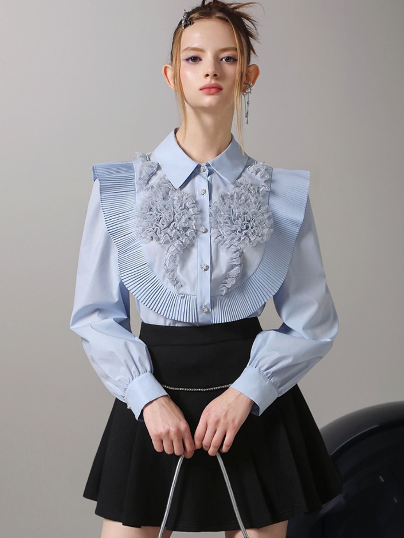 Fleur Big-Col Retro Retro Pleas Nichi Blouse