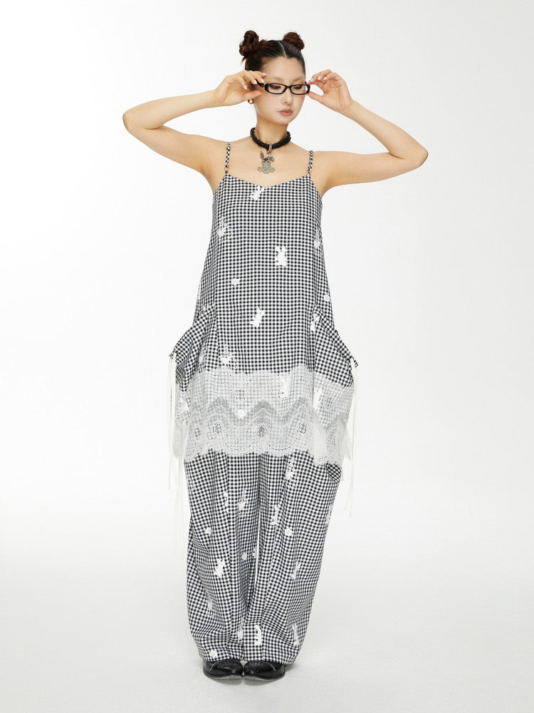 Lace Gingham-Checked Girly Loose Camisole Casual Dress＆Pants