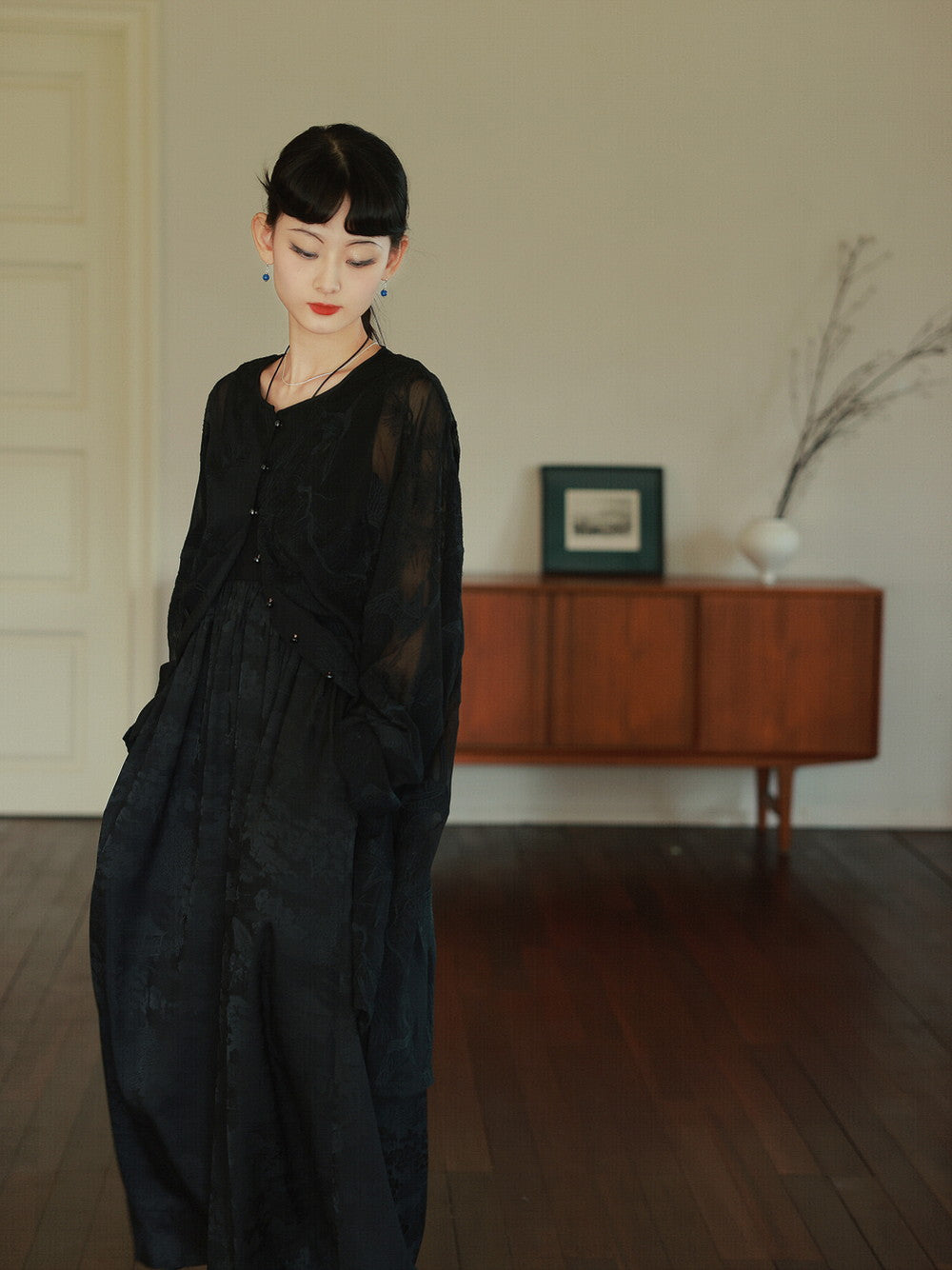 Embroidery Flower Sheer Oversize Shirt