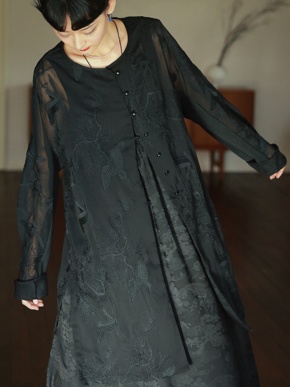 Embroidery Flower Sheer Oversize Shirt