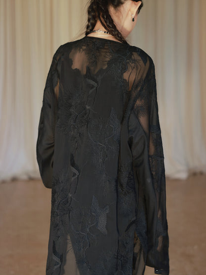 Embroidery Flower Sheer Oversize Shirt