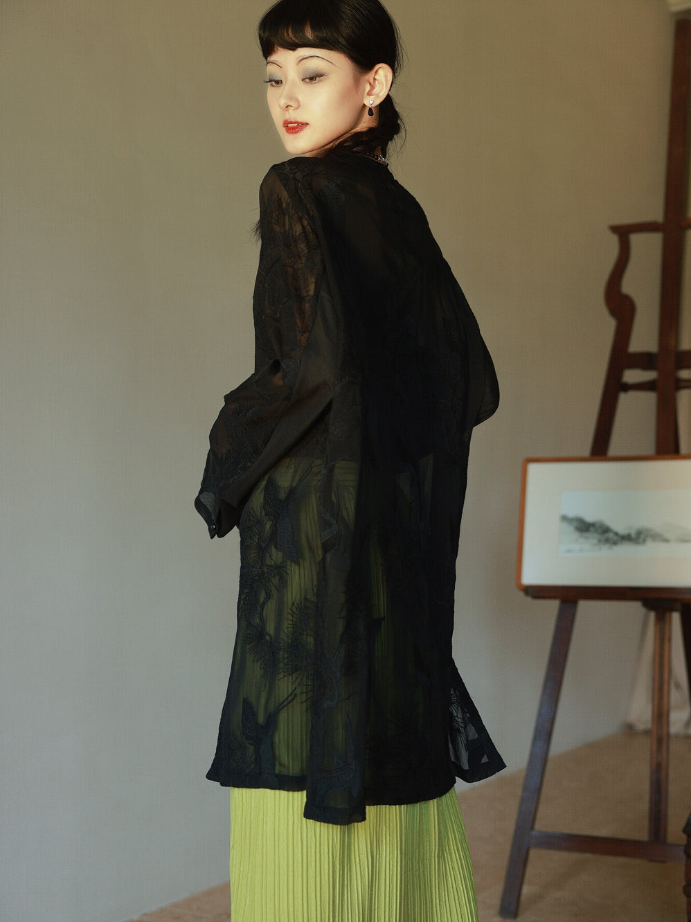 Embroidery Flower Sheer Oversize Shirt