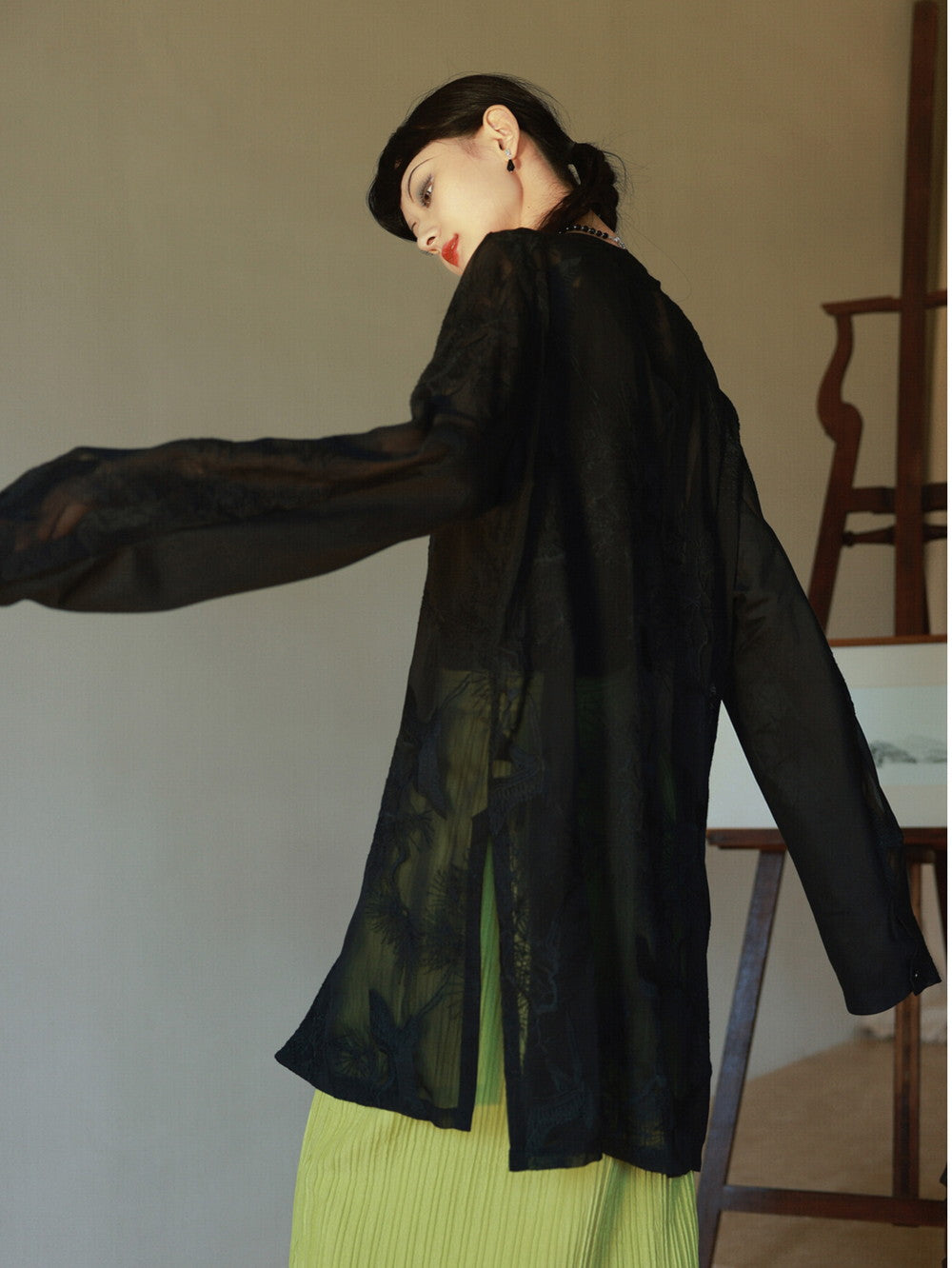 Embroidery Flower Sheer Oversize Shirt