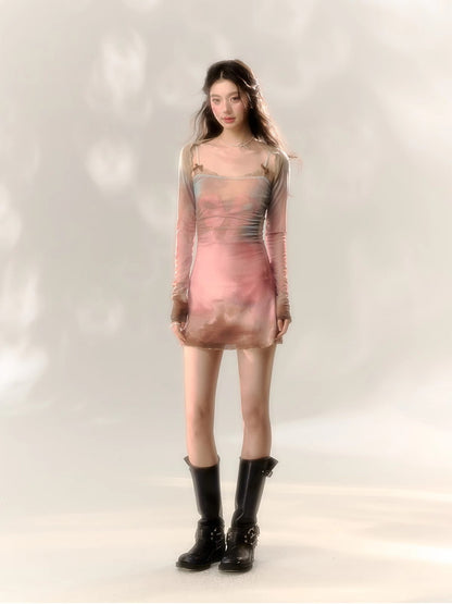 Dress＆Bolero Tie-Dye Pale-Tone Slim Mesh Set-Up