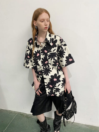 Unisexe Flower Monochrome Retro Oversize Oversize Shirt