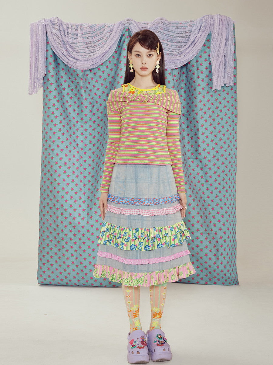 Denim Tiered Flower Checked Frill Fancy Skirt