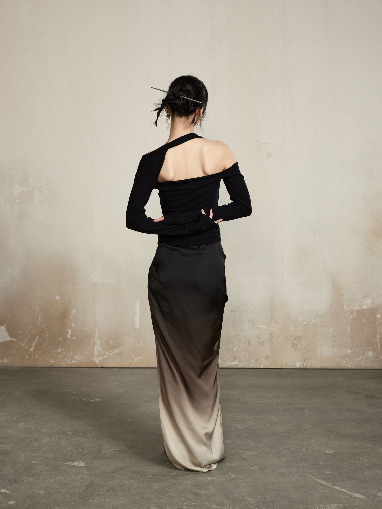 Gradation Classy Slim Drape Deep-Slit Elegant Tops&amp;Long-Skirt