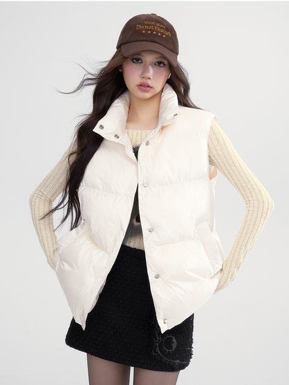 Stand-Collar Plain Cottono Natural Down-Vest