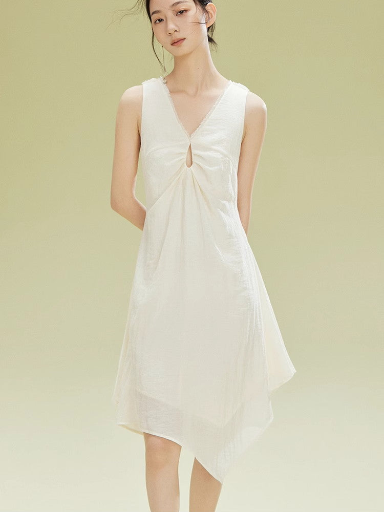 Twist Bo-Sleeve Gather Asymmetry Sheer Dress