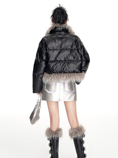 Volume-Fur Plain High-End Smooth Short Stand-Collar Dowm-Jacket