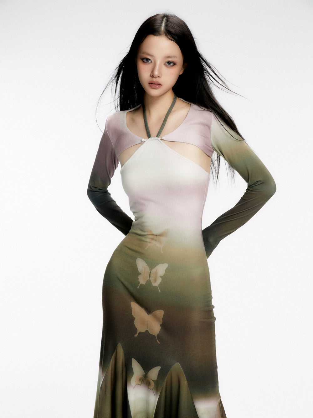 Butterfly Gradation Thin Nichi Long Slim Elegant Knit One-Piece