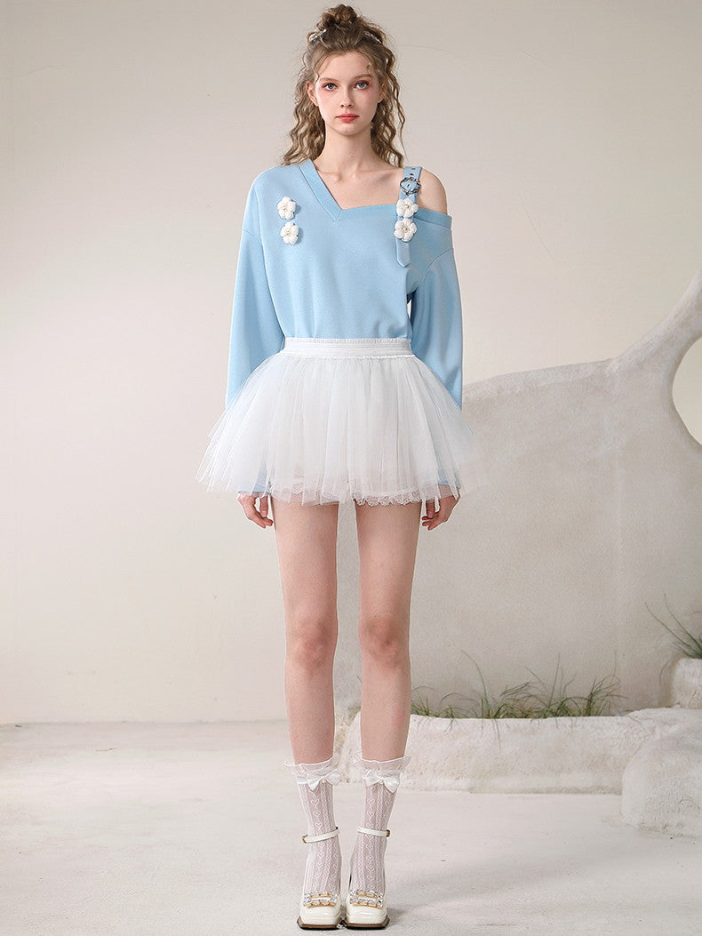 Set-up Sweat Opne-Shoulder Rose Belt Cute Pullover＆Tulle-Skirt