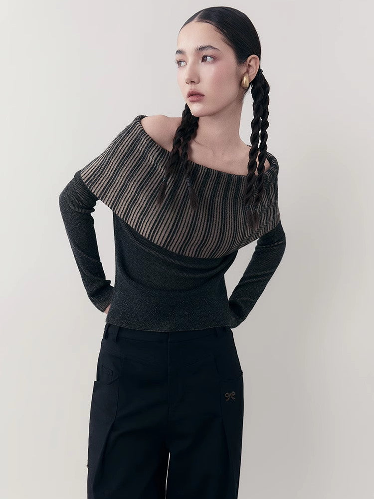 Off-Shoulder Stripe Long-Tie Retro Knit