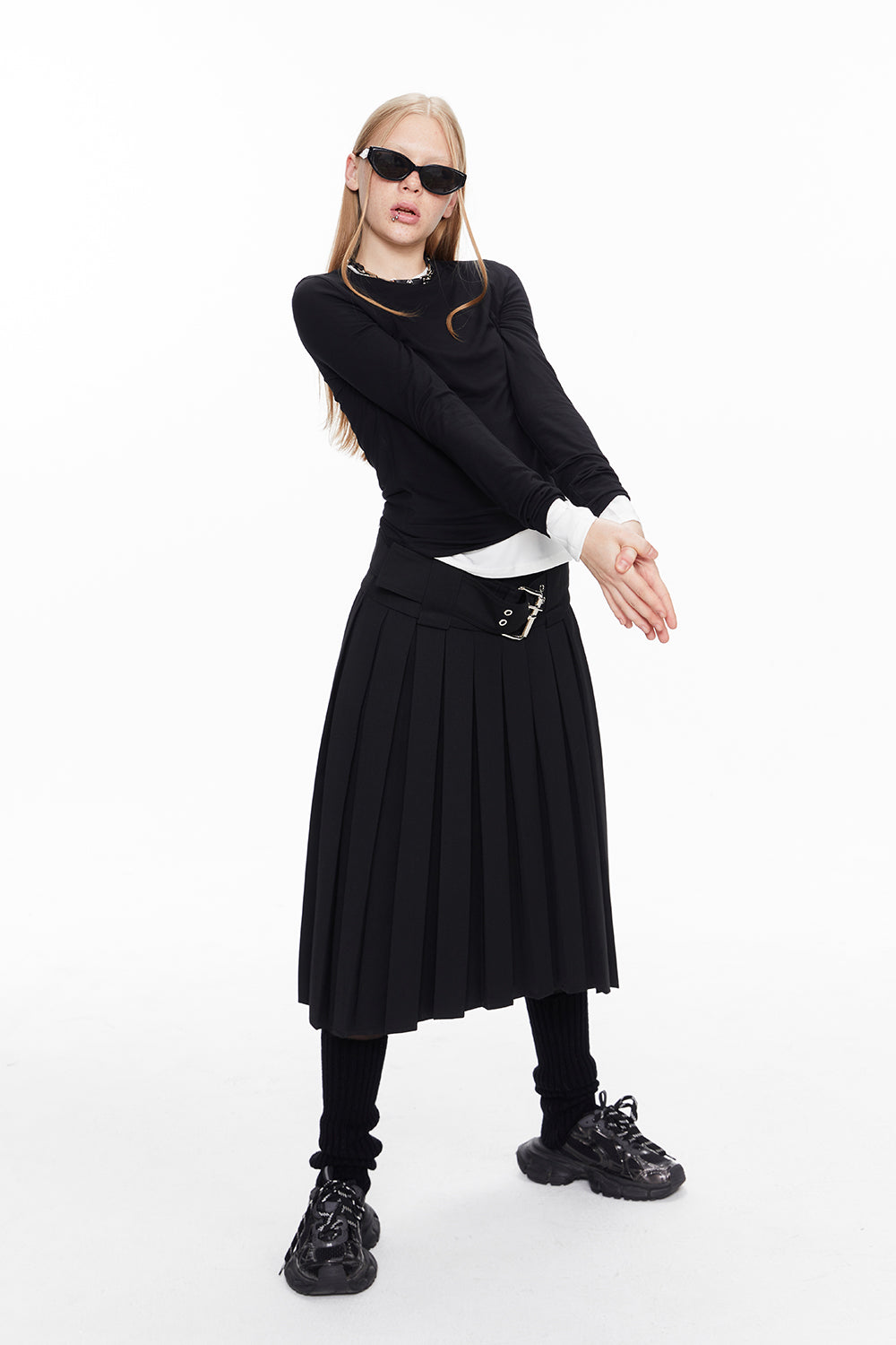 Pleats Asymmetry Belt Long-Skirt