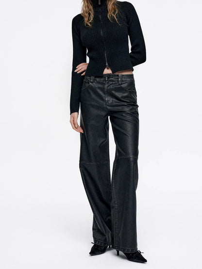 Straight Simple Smooth Plain Chic High-End Leather-Pants