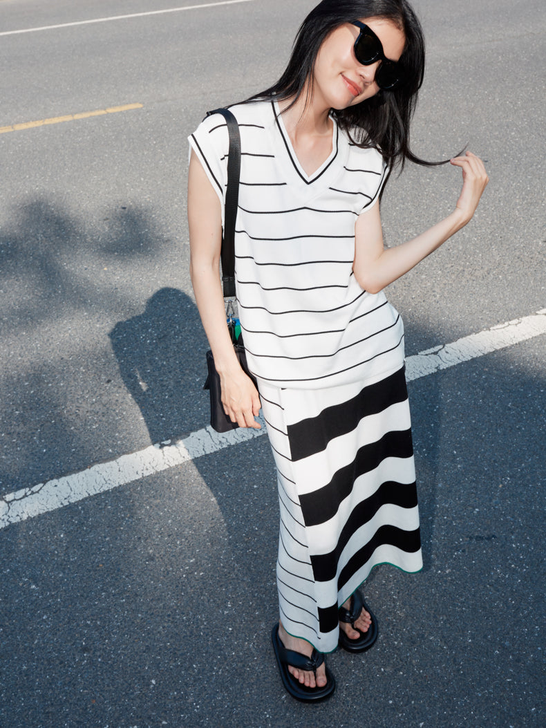 Cutsew &amp; Long-Skirt Smmer-Knit Border Marine 설정