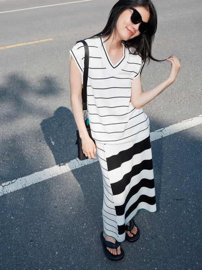 Cutsew＆Long-Skirt Smmer-Knit Border Marine Set-Up