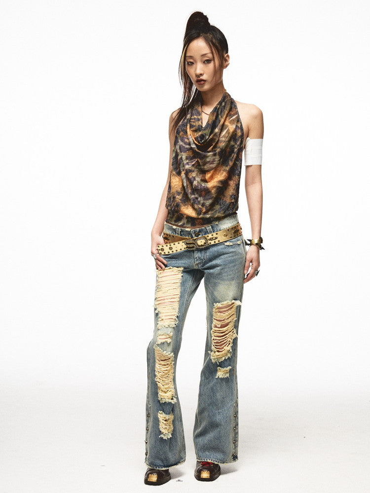 Halter-Neck Back-Open Drape Tie-Dye Loose Tops