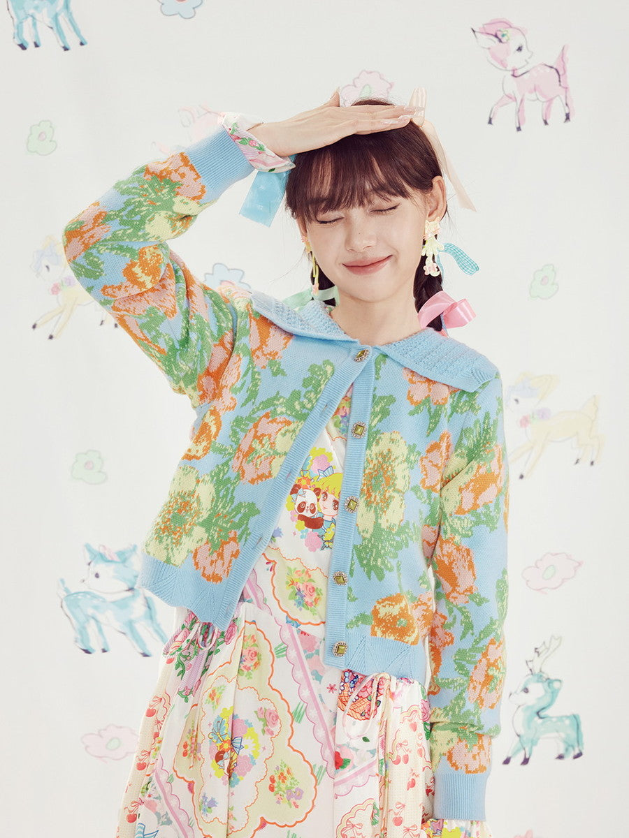 Flower Reto Big-Collar Fancy Cardigan Knit