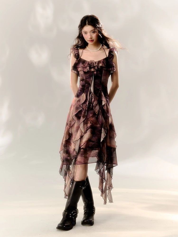 Ciffon Asymmetry Ruffle Long Dress