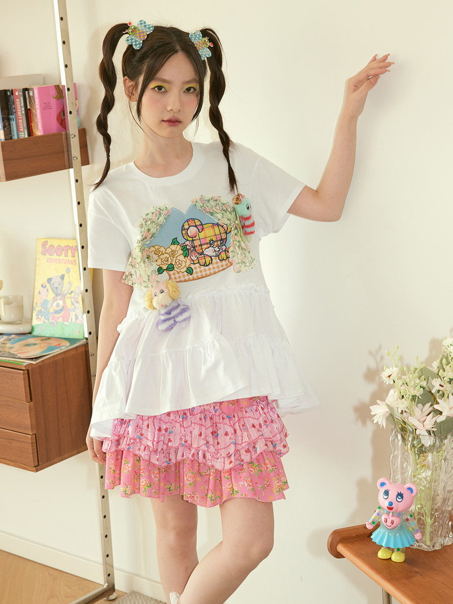 Tiered Drill Vivid Cute Flower Heart Short Fancy Skirt