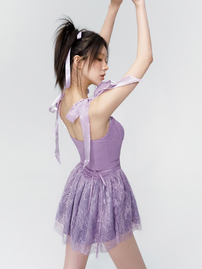 Lace Ribbon Princess Fluffily Dress One-Piece