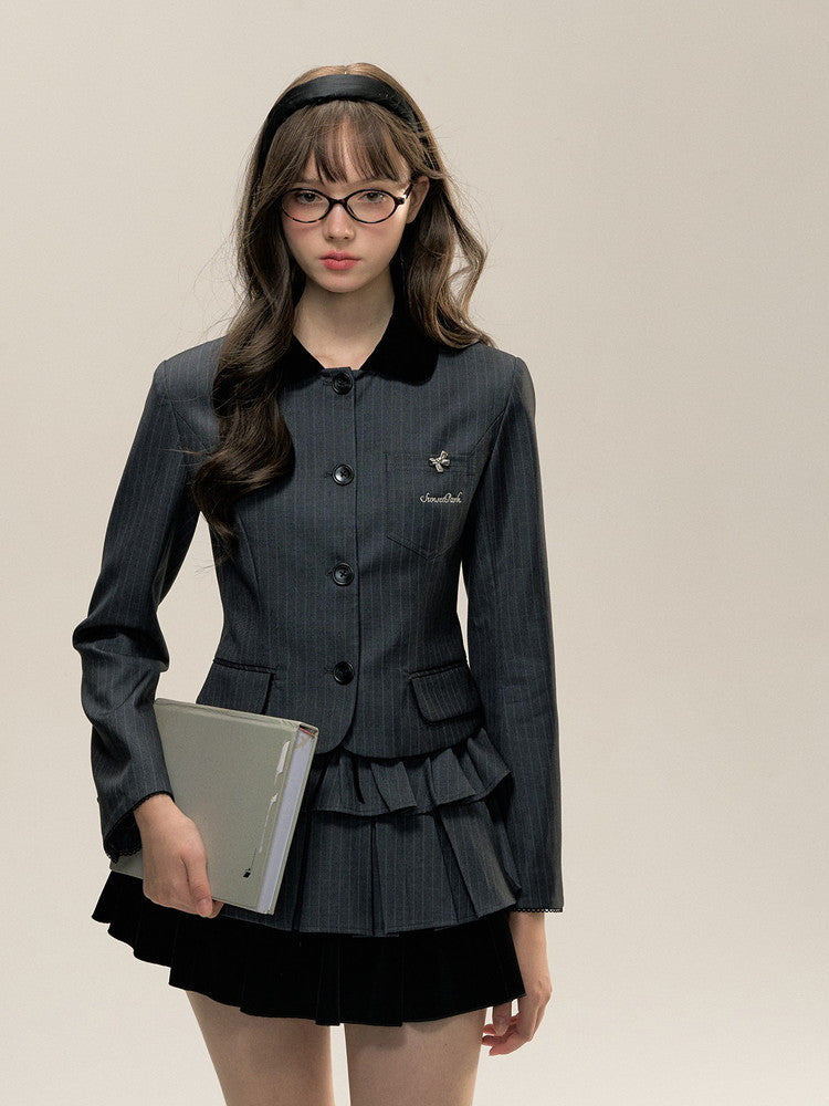 Set-Up Stripe Frill Tiered College Girly Jacket＆Mini-Skirt