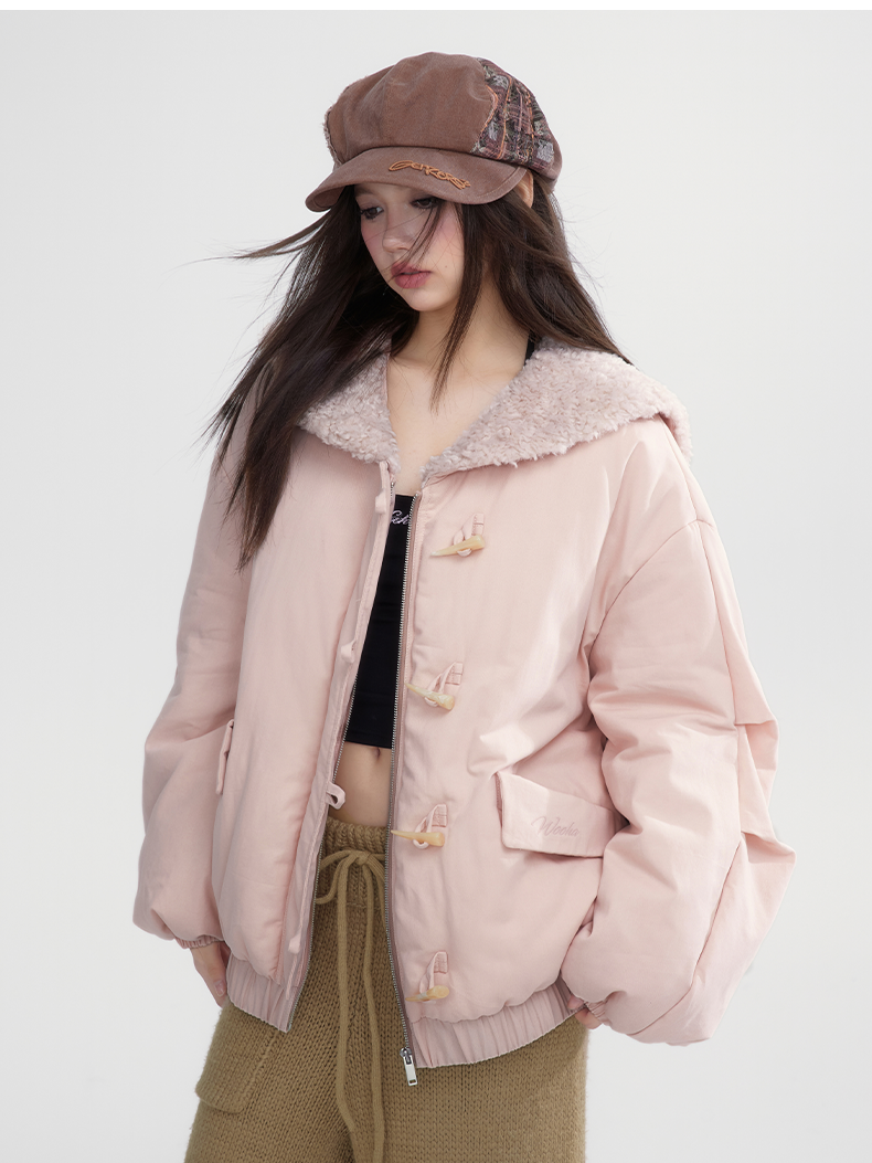 Toggle-Button Thick Warm Boa-Collar Jacket