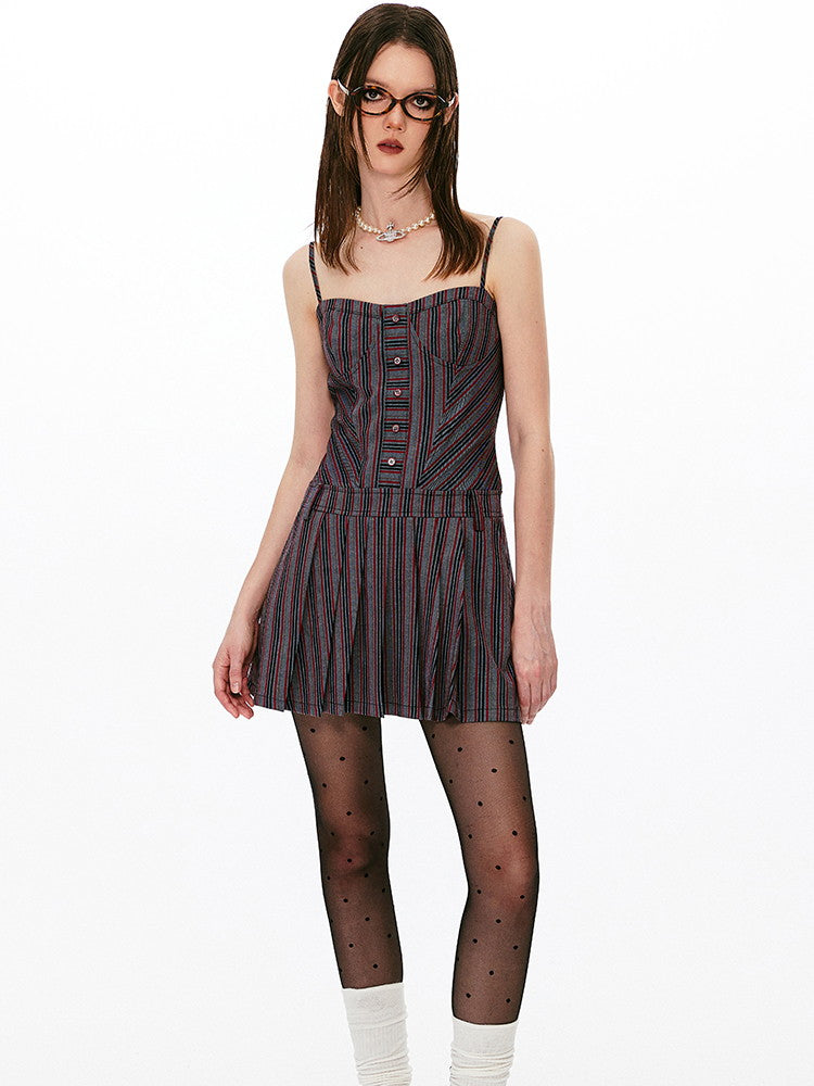 Stripe Pleats Chic Camisole Dress