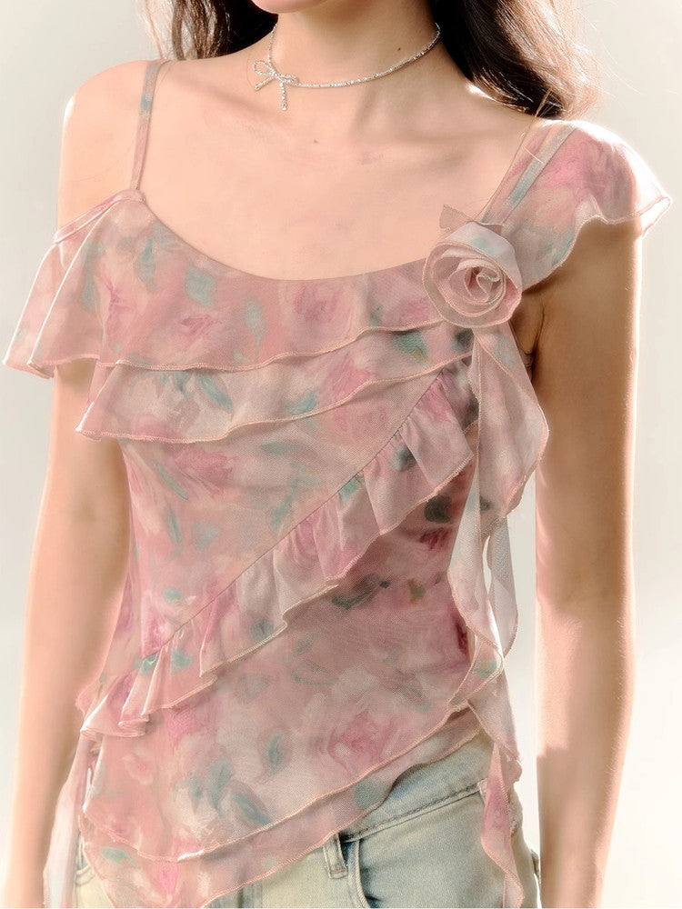 Asymmetry Ciffon Frill Flower Rose Drape Tops