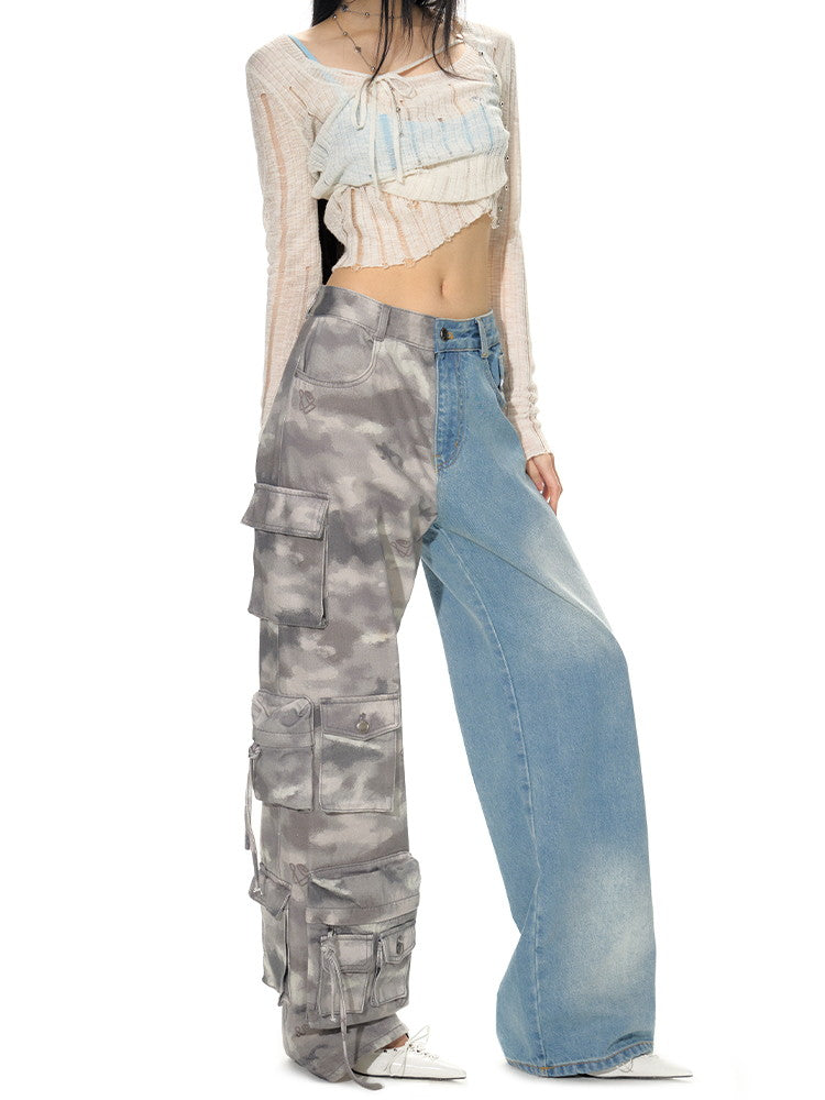 Mix Denim Unique Half-Design Cargo-Pants Wide-Pants