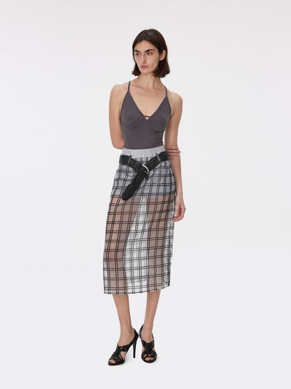 Checked See-Through Layered Elastic-Waist Back-Slit Long-Skirt