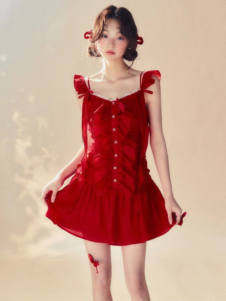 Vivid Frill Tiered Ciffon Cute Short No-Sleeve Dress