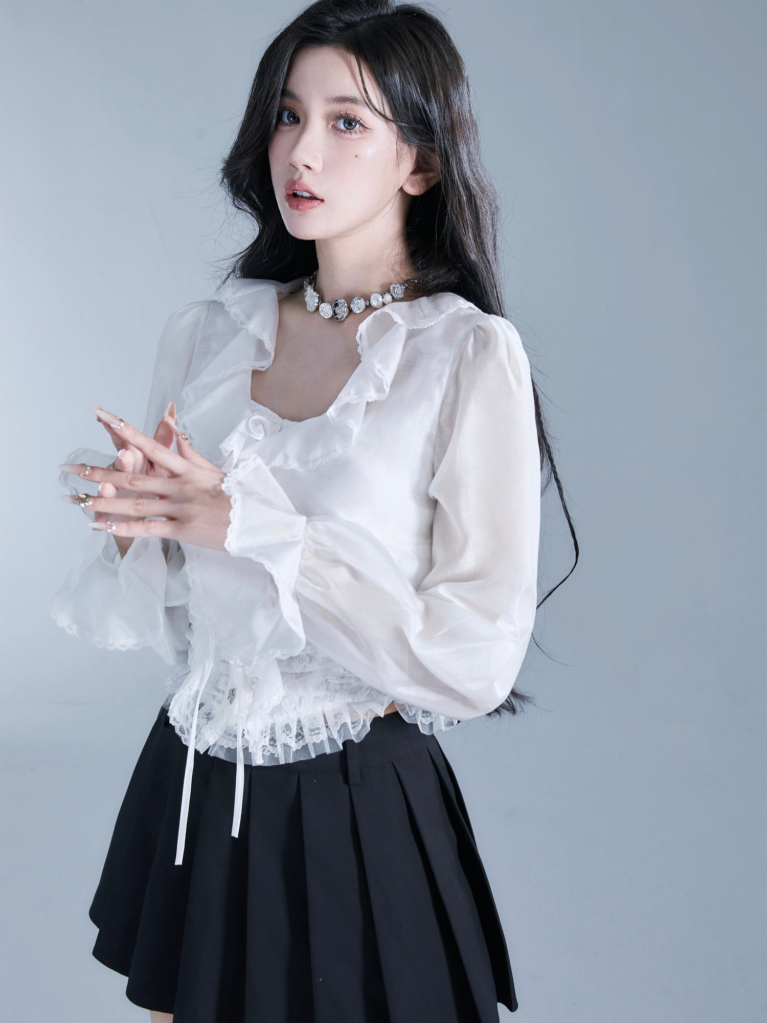 Rüschen Candy-Sleeve Sheer Short Cardigan