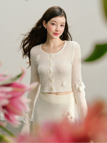 Set-Up Knit Sheer Flower Sexy Rose Cardigan＆Long-Skirt