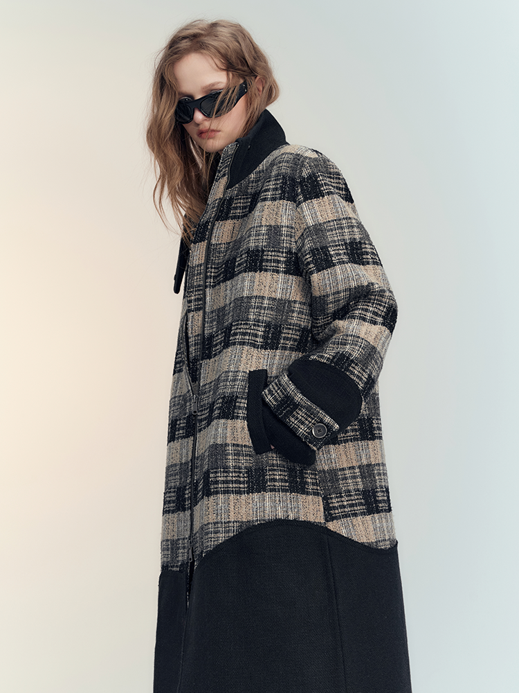 Patchwork Retro Stand-Collar Coat Long-Jacket