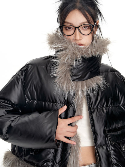 Volume-Fur Plain High-End Smooth Short Stand-Collar Dowm-Jacket