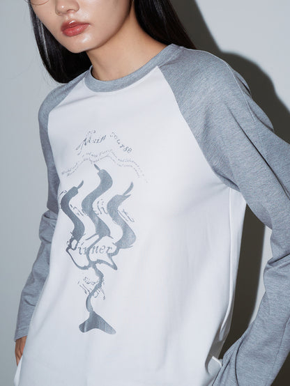 Bi-Color Graphic Casual Long-T-Shirt