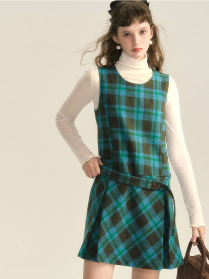 Wool Checked Sleeveless U-Neck Layered One-Piece