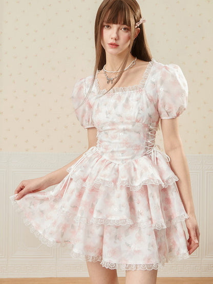 Flower Lace-Up Puff-Sleeve Feminine Tiered Lace Dress